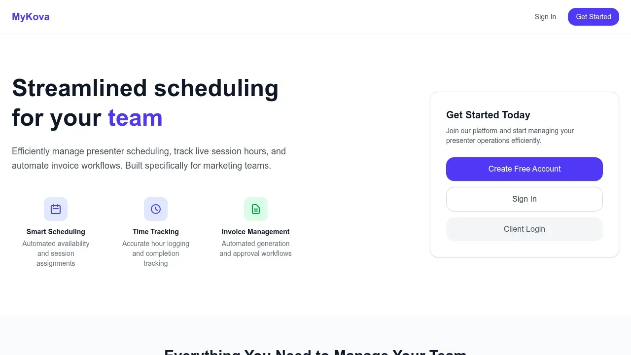 MyKova Scheduling platform dashboard — TekZuri case study in full-stack workflow automation and invoicing